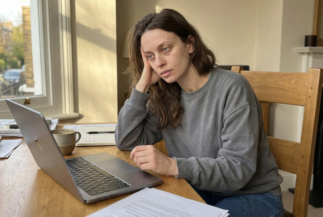 Donna alla scrivania con le dita alla base del cranio, che continua a lavorare