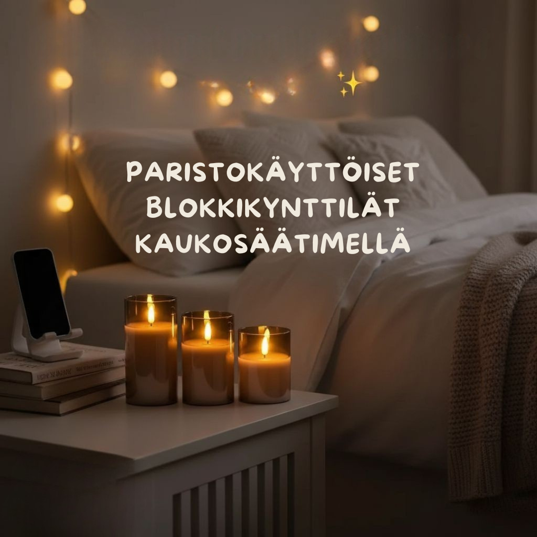 Flamerick-blokkikynttilät – Kaukosäätimellä ja ajastimella. 2 VUODEN TAKUU