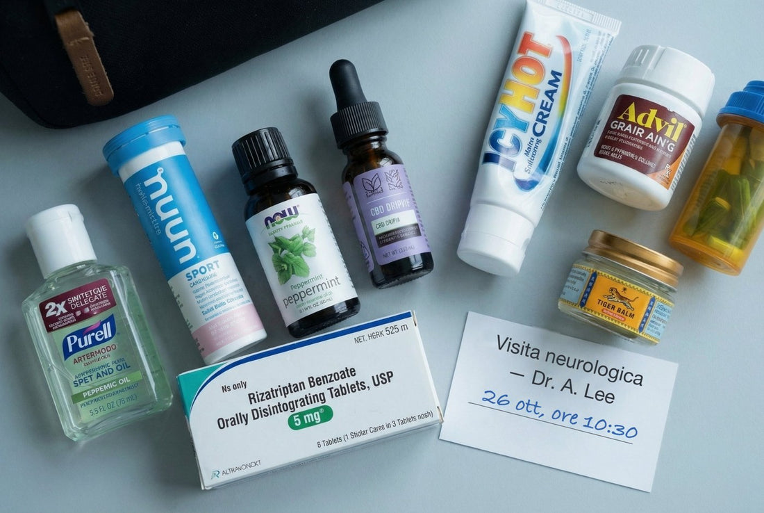 Il kit di una condizione gestita: triptani, borsa del ghiaccio, gel rinfrescante, promemoria della visita